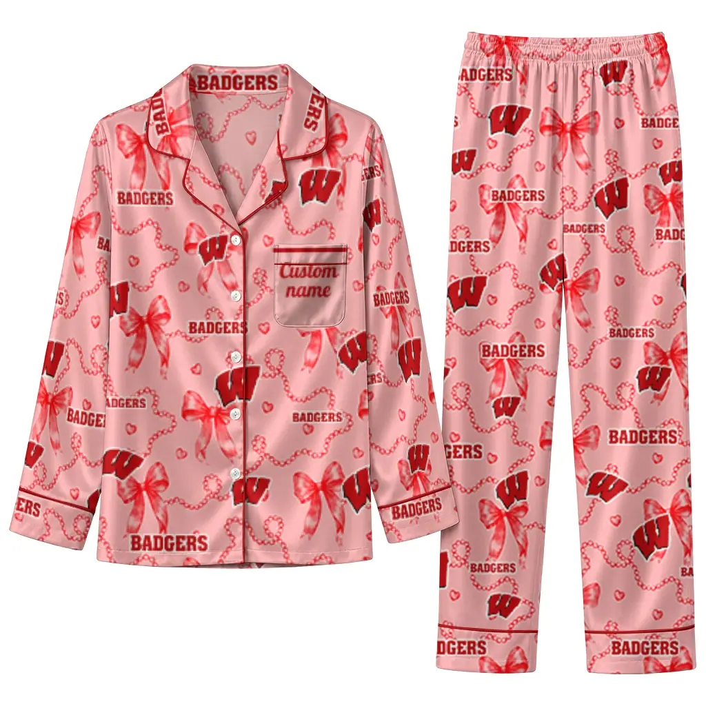 Wisconsin Badgers Long Pajama Set Customized Ribbon Chains Red Best Selling Wisconsin Badgers Long Pajama Set Customized Ribbon Chains Red Best Selling