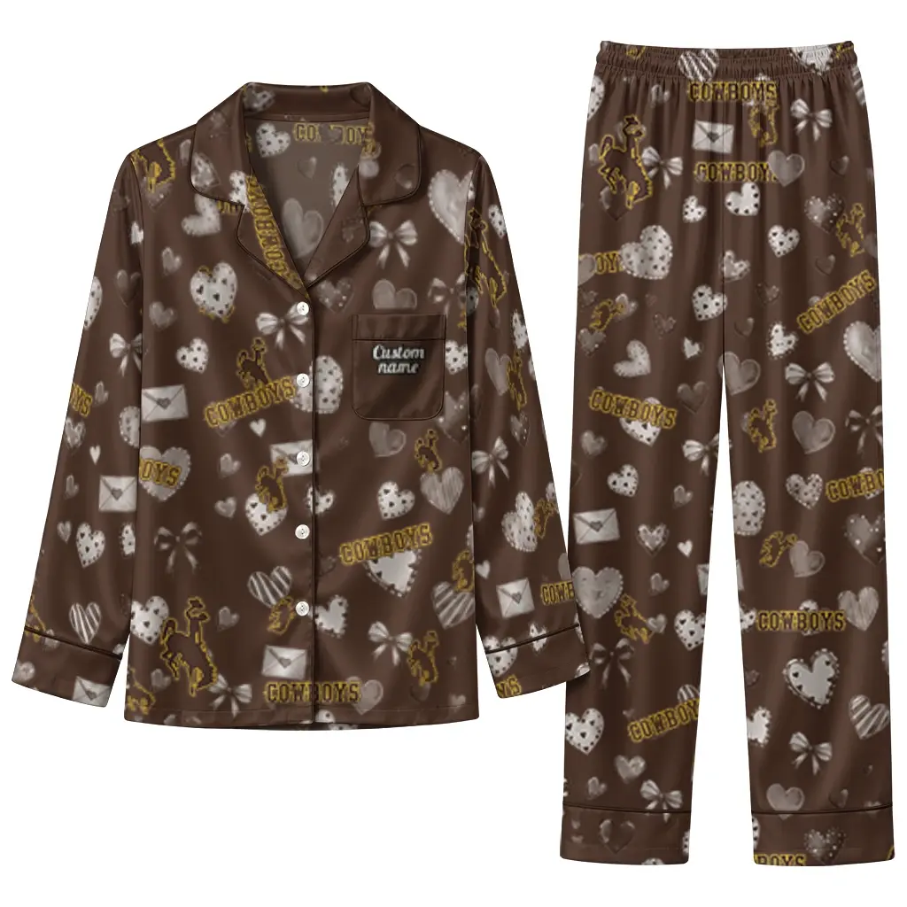 Wyoming Cowboys Long Pajama Set Customized Heart Charms Brown Best Selling Wyoming Cowboys Long Pajama Set Customized Heart Charms Brown Best Selling