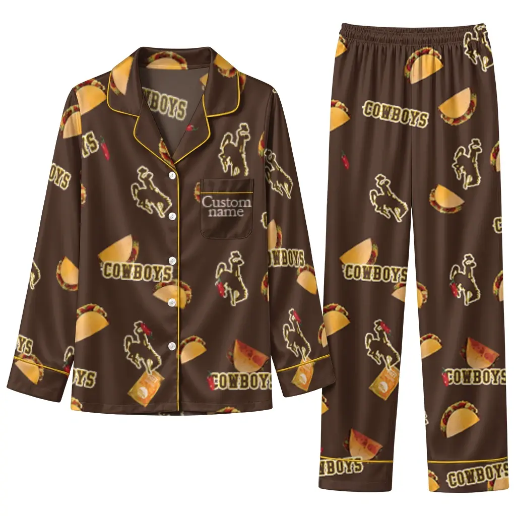 Wyoming Cowboys Long Pajama Set Customized Snack Scatter Brown Best Selling Wyoming Cowboys Long Pajama Set Customized Snack Scatter Brown Best Selling